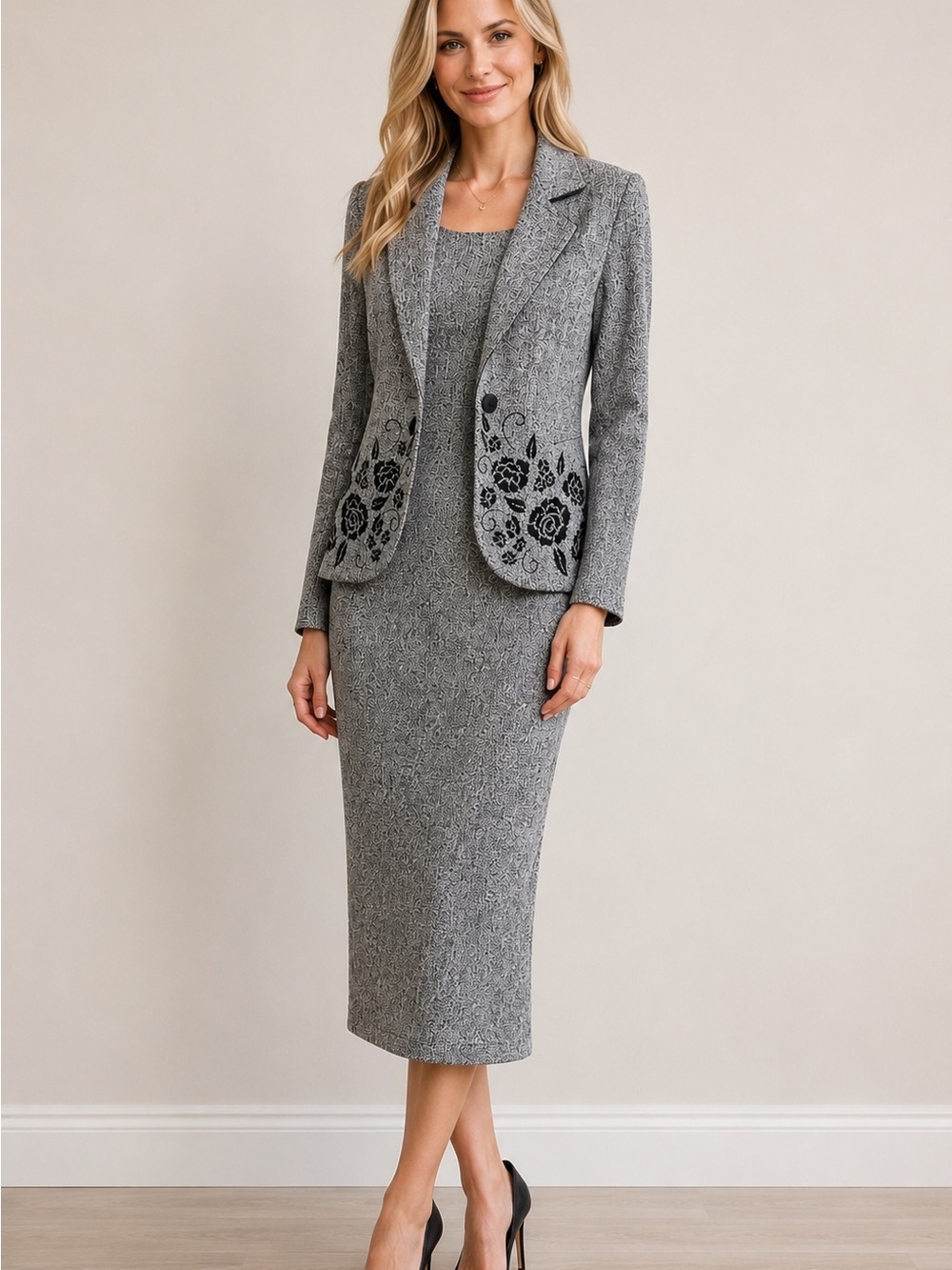 Plaza South Suit Size 6 Gray Tweed Dress and Matching Floral Embroidered Jacket